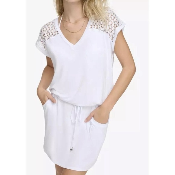 Calvin Klein Womens Crochet Trim V-Neck Dress Swim Cover-Up White S/M NWT - Picture 1 of 4